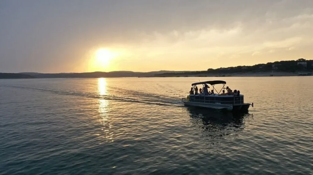 Sunset cruise pontoon boat on Lake Travis